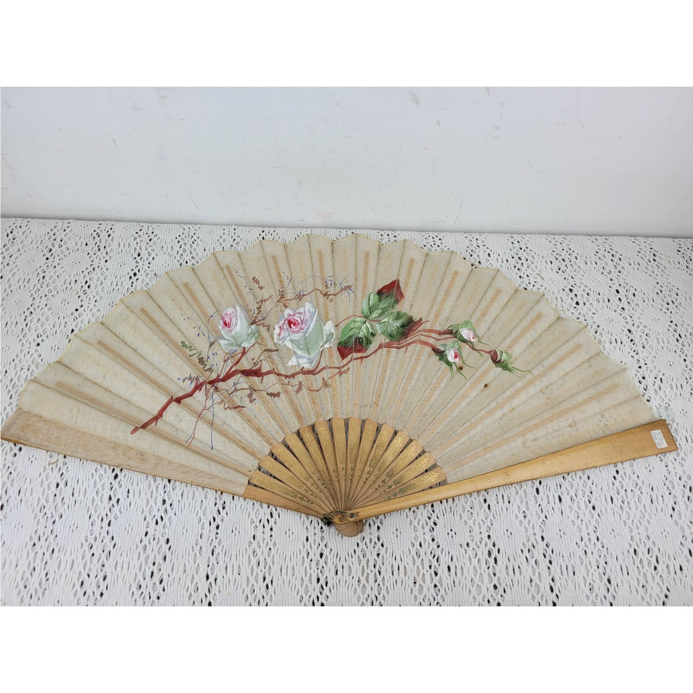 Antique French Victorian Hand Painted Roses Flowers Organza & Wood Hand Fan